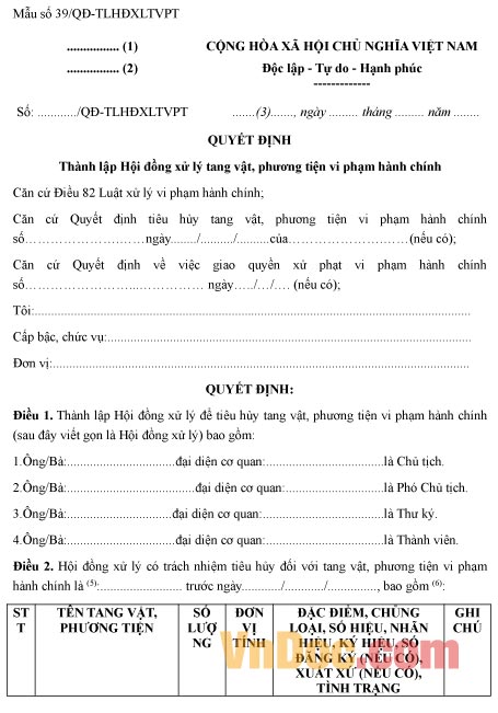 Mẫu quyết định thành lập hội đồng xử lý tang vật, phương tiện vi phạm hành chính