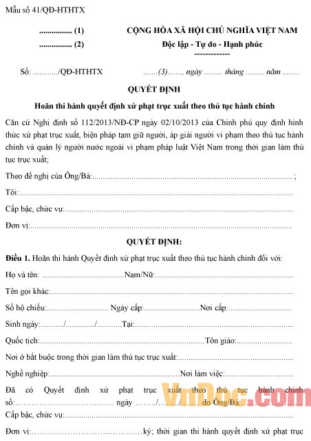 Mẫu quyết định hoãn thi hành quyết định xử phạt trục xuất theo thủ tục hành chính