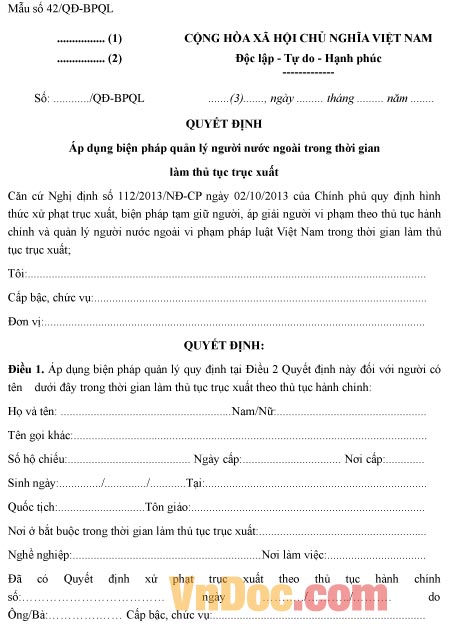 Mẫu quyết định áp dụng biện pháp quản lý người nước ngoài trong thời gian làm thủ tục trục xuất