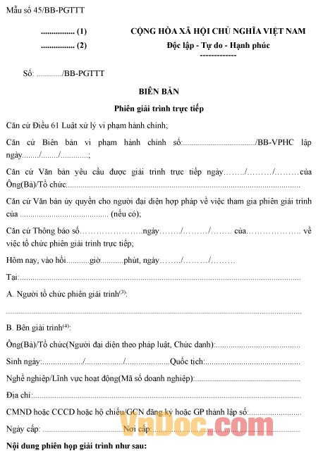 Mẫu biên bản phiên giải trình trực tiếp về việc vi phạm hành chính