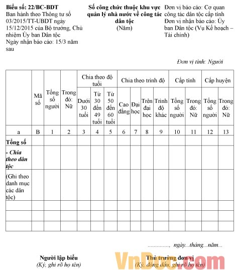 Mẫu báo cáo về số công chức thuộc khu vực quản lý nhà nước về công tác dân tộc