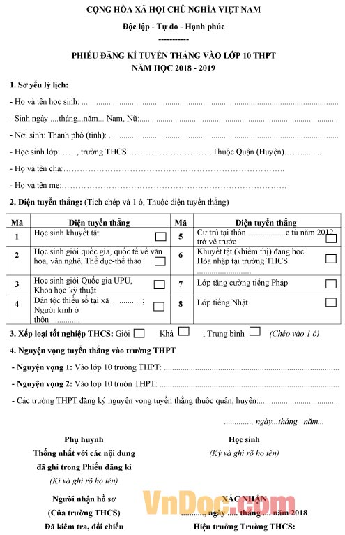 Mẫu phiếu đăng ký tuyển thẳng vào lớp 10