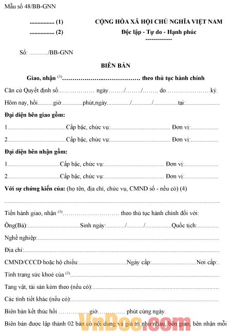 Mẫu biên bản giao nhận người theo thủ tục hành chính