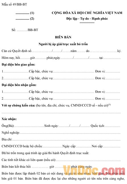 Mẫu biên bản về người vi phạm hành chính bỏ trốn