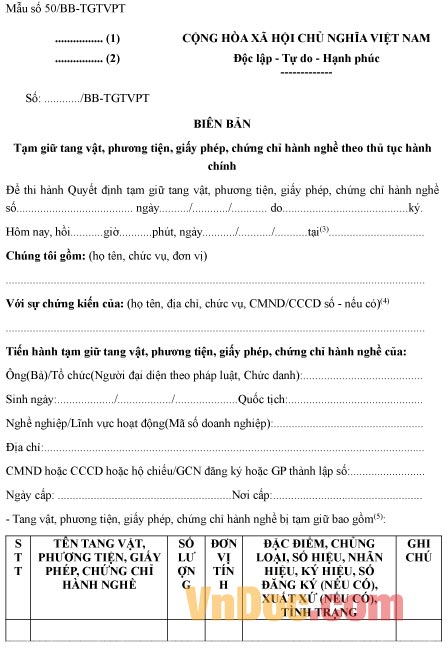 Mẫu biên bản về việc tạm giữ tang vật, phương tiện theo thủ tục hành chính