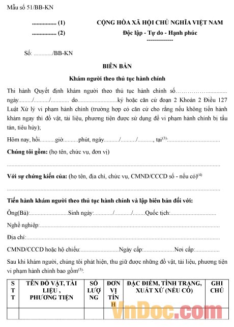 Mẫu biên bản về việc khám người theo thủ tục hành chính