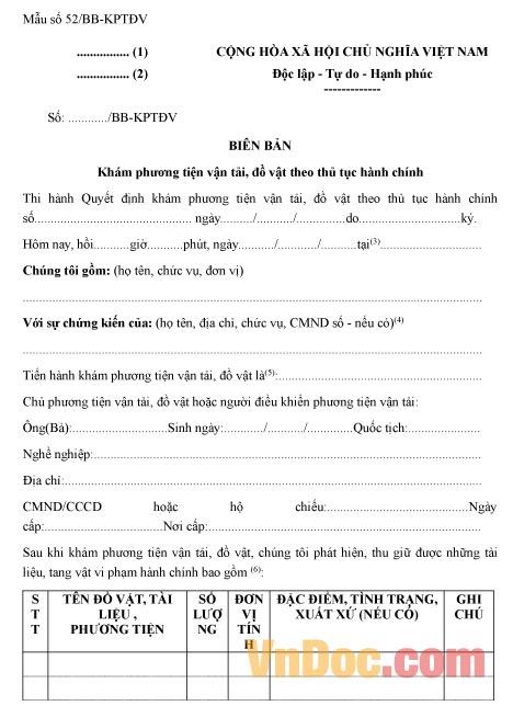 Mẫu biên bản về việc khám phương tiện, đồ vật theo thủ tục hành chính