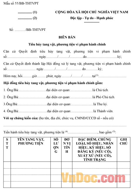 Mẫu biên bản về việc tiêu hủy tang vật, phương tiện vi phạm hành chính