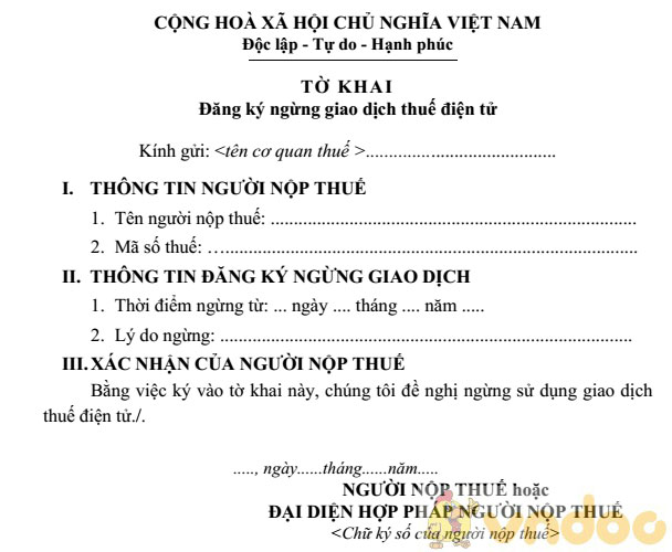 Tờ khai đăng ký ngừng giao dịch thuế điện tử