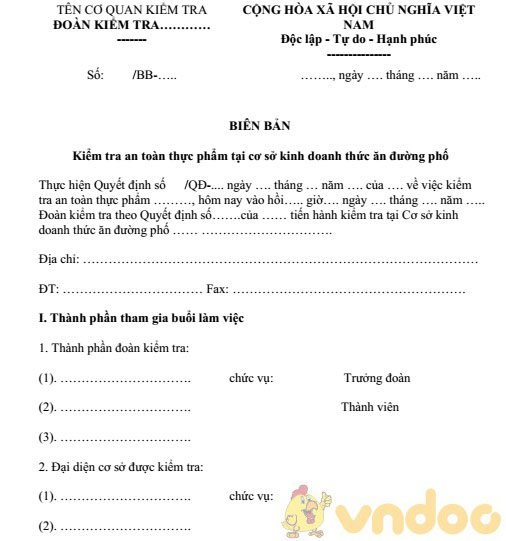 Biên bản kiểm tra an toàn thực phẩm tại cơ sở kinh doanh thức ăn đường phố