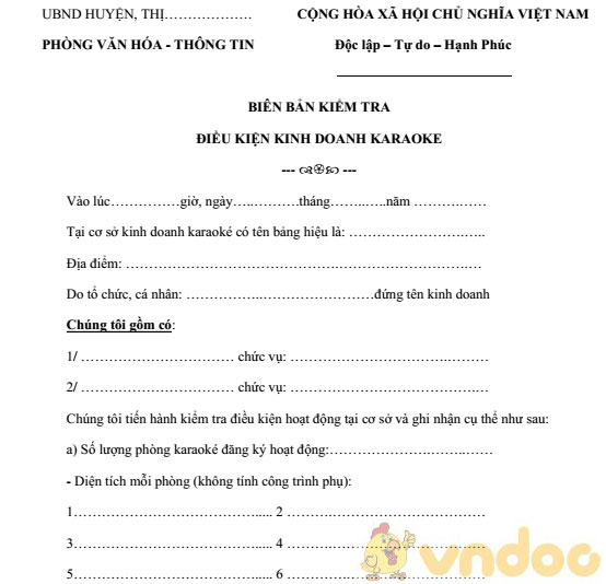 Biên bản kiểm tra điều kiện kinh doanh karaoke