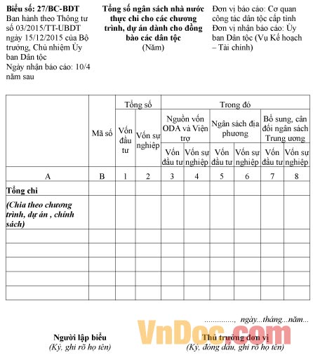 Mẫu báo cáo tổng số ngân sách nhà nước thực chi cho các chương trình, dự án cho dân tộc thiểu số