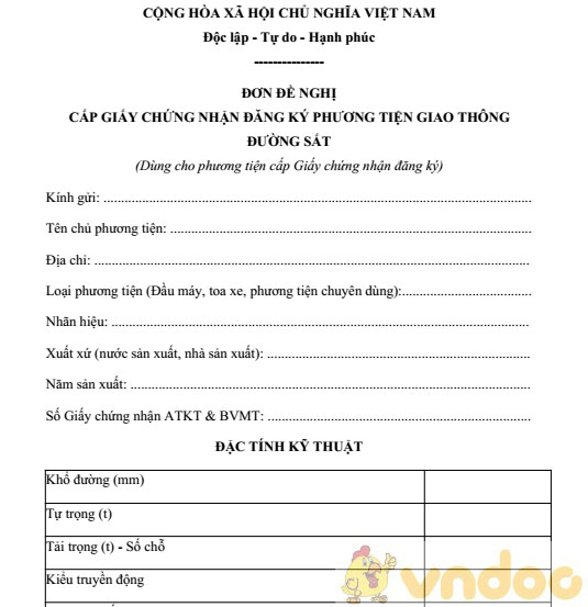 Đơn đề nghị cấp giấy chứng nhận đăng ký phương tiện giao thông đường sắt