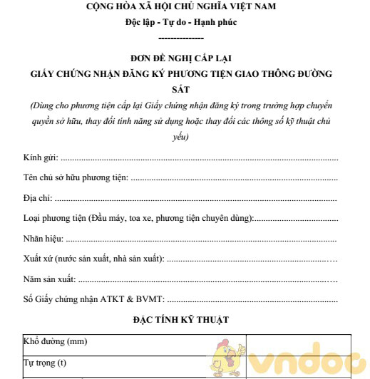 Đơn đề nghị cấp lại giấy chứng nhận đăng ký phương tiện giao thông đường sắt
