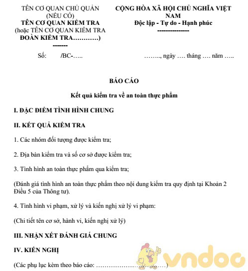 Mẫu báo cáo kết quả kiểm tra về an toàn thực phẩm