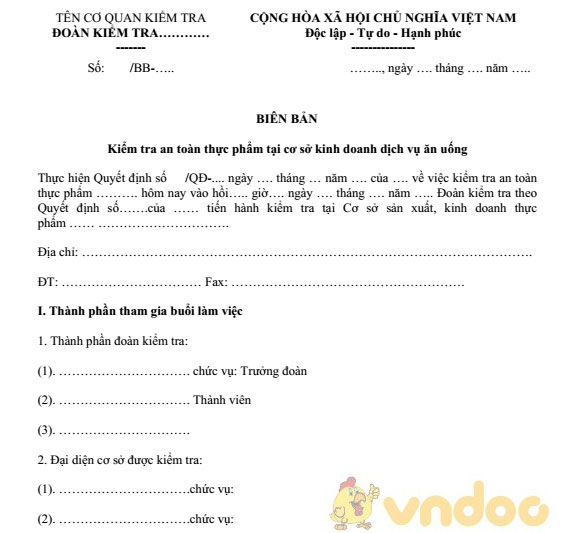Biên bản kiểm tra an toàn thực phẩm tại cơ sở kinh doanh dịch vụ ăn uống