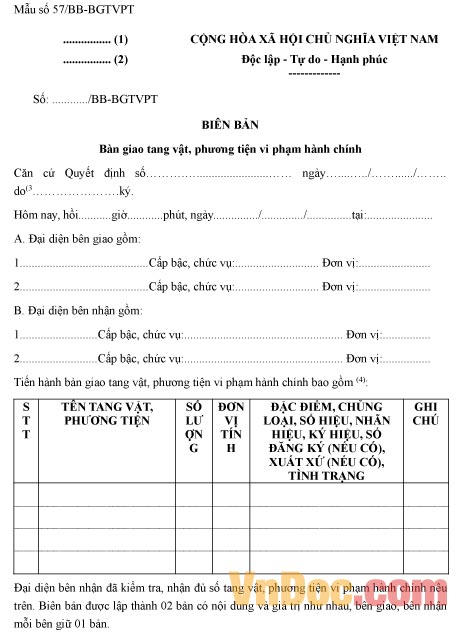 Mẫu biên bản bàn giao tang vật, phương tiện vi phạm hành chính