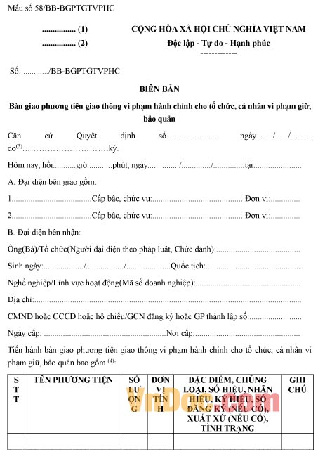 Mẫu biên bản bàn giao phương tiện vi phạm hành chính