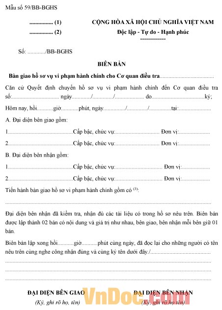 Mẫu biên bản bàn giao hồ sơ vi phạm hành chính