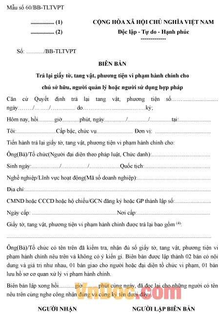 Mẫu biên bản trả lại giấy tờ tang vật phương tiện vi phạm hành chính
