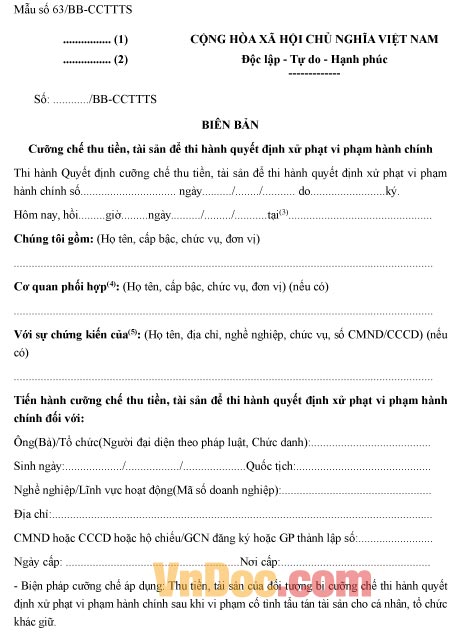 Mẫu biên bản cưỡng chế thu tiền, tài sản để thi hành quyết định xử phạt vi phạm hành chính