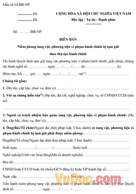 Mẫu biên bản niêm phong tang vật, phương tiện vi phạm hành chính bị tạm giữ theo thủ tục hành chính