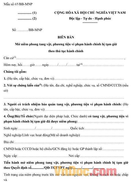 Mẫu biên bản mở niêm phong tang vật, phương tiện vi phạm hành chính bị tạm giữ theo thủ tục hành chính