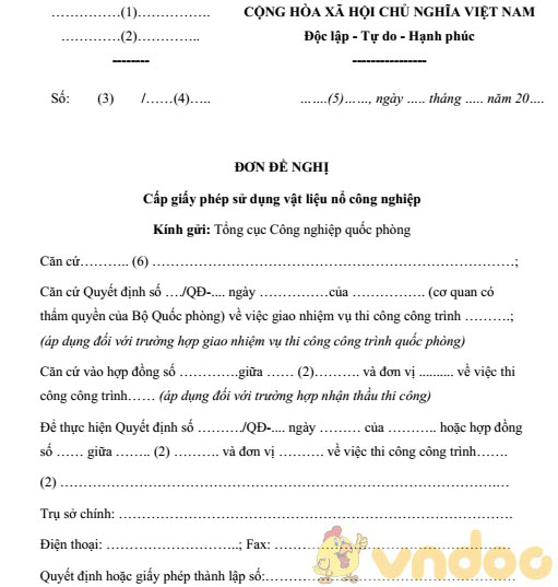 Đơn đề nghị cấp giấy phép sử dụng vật liệu nổ công nghiệp