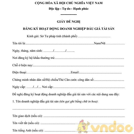 Giấy đề nghị đăng ký hoạt động doanh nghiệp đấu giá tài sản