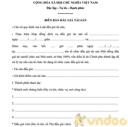 Mẫu biên bản bán đấu giá tài sản