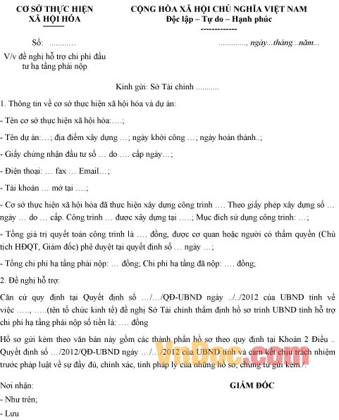 Công văn đề nghị hỗ trợ chi phí đầu tư hạ tầng phải nộp của các cơ sở thực hiện xã hội hóa