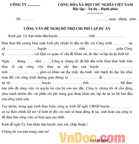 Mẫu công văn đề nghị hỗ trợ khuyến công của đơn vị thực hiện đề án