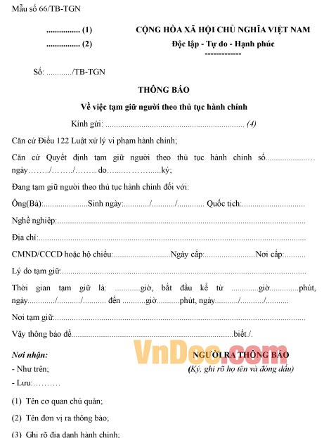 Mẫu thông báo tạm giữ người theo thủ tục hành chính
