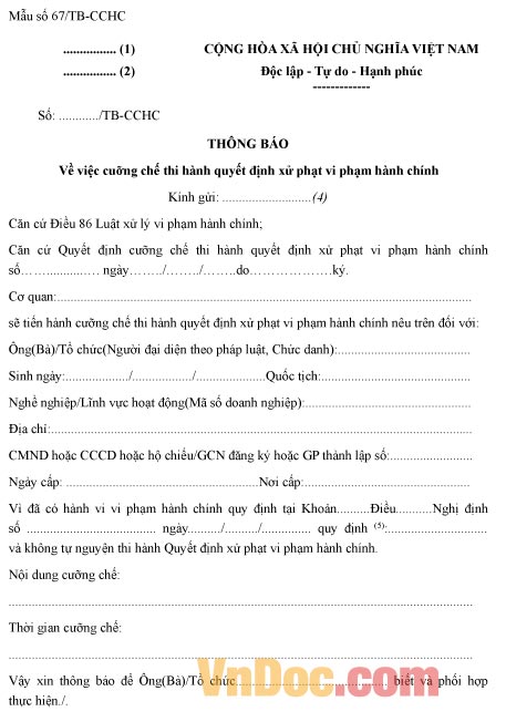 Mẫu thông báo cưỡng chế thi hành quyết định xử phạt vi phạm hành chính
