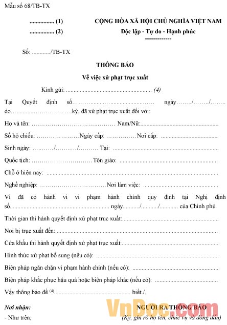 Mẫu thông báo xử phạt trục xuất