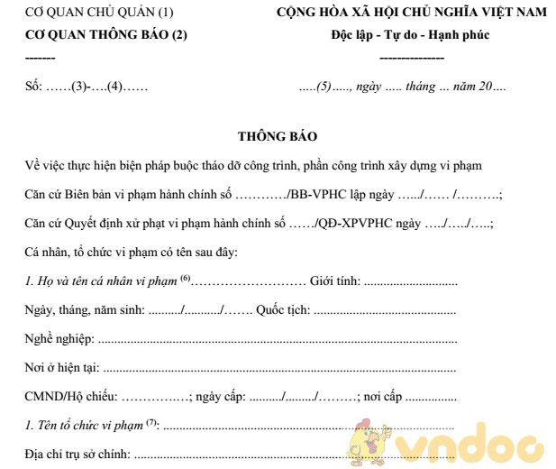 Mẫu thông báo về việc thực hiện biện pháp buộc tháo dỡ công trình