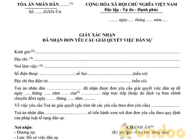 Giấy xác nhận đã nhận đơn yêu cầu giải quyết việc dân sự