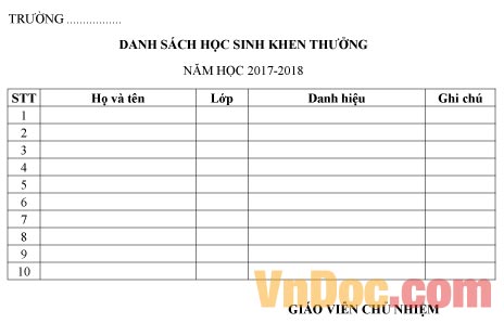 Mẫu danh sách học sinh khen thưởng năm học 2017-2018