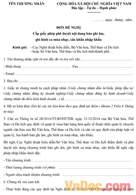 Mẫu đơn đề nghị về việc cấp giấy phép phê duyệt nội dung bản ghi hình sân khấu nhập khẩu
