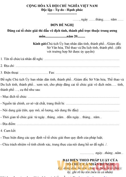 Mẫu đơn đề nghị đăng cai tổ chức giải thi đấu vô địch tỉnh, thành phố
