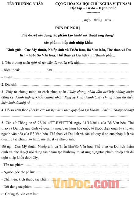 Mẫu đơn đề nghị về việc phê duyệt nội dung tác phẩm tạo hình, tác phẩm nhiếp ảnh nhập khẩu