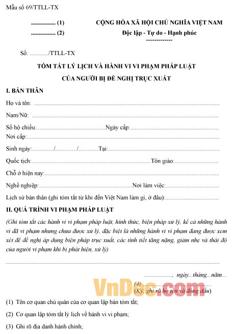 Mẫu bản tóm tắt lý lịch và hành vi vi phạm pháp luật của người bị đề nghị trục xuất