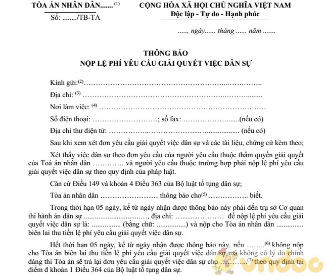 Thông báo nộp lệ phí yêu cầu giải quyết việc dân sự