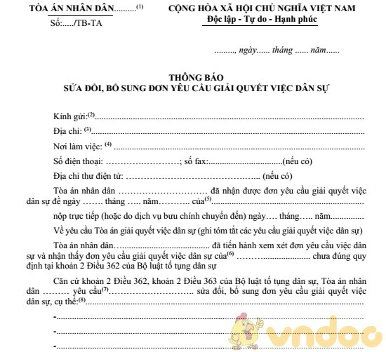 Thông báo sửa đổi, bổ sung đơn yêu cầu giải quyết việc dân sự