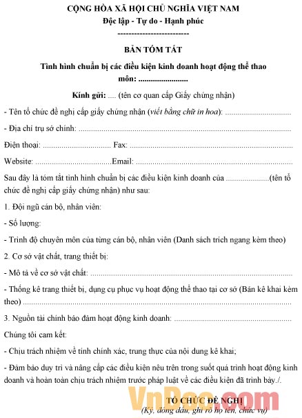 Mẫu bản tóm tắt các điều kiện kinh doanh hoạt động thể thao