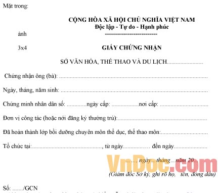 Mẫu giấy chứng nhận bồi dưỡng chuyên môn thể dục, thể thao