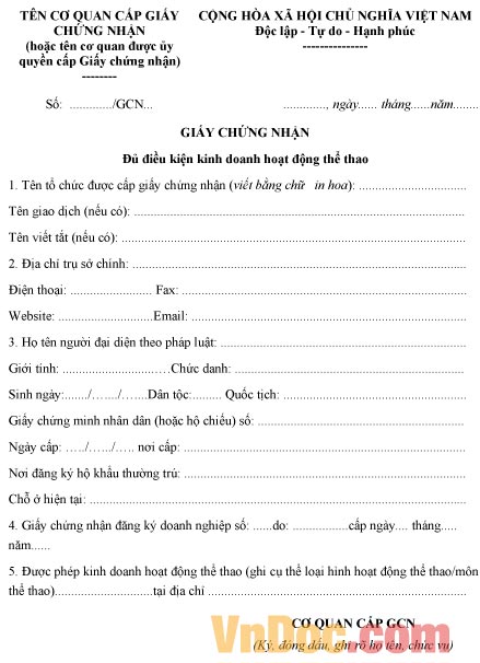 Mẫu giấy chứng nhận về việc đủ điều kiện kinh doanh hoạt động thể thao