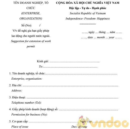 Đơn đề nghị gia hạn giấy phép lao động cho người nước ngoài