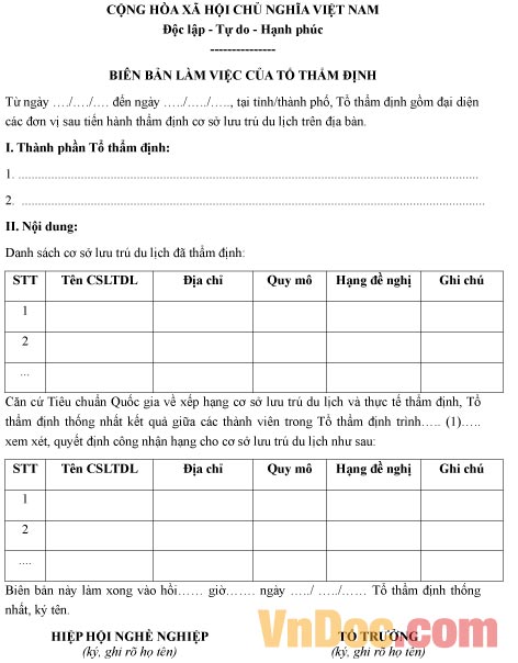 Mẫu biên bản làm việc của tổ thẩm định về cơ sở lưu trú