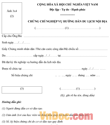 Mẫu chứng chỉ về nghiệp vụ hướng dẫn viên du lịch nội địa